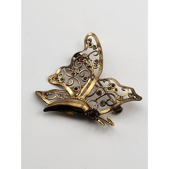 Vintage Regel 12K Gold Filled Butterfly Brooch 2" Filigree Rhinestone Pin - Picture 3 of 9